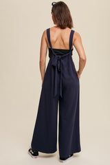 Navy Ribbed Drawstring Wide Leg Jumpsuit