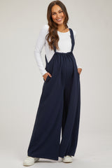 Navy Ribbed Drawstring Wide Leg Maternity Jumpsuit