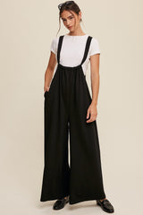 Black Ribbed Drawstring Wide Leg Jumpsuit