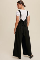 Black Ribbed Drawstring Wide Leg Jumpsuit