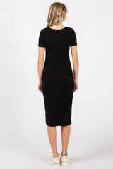 Black Ribbed Front Button Accent Short Sleeve Midi Dress