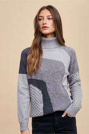 Grey Combo Turtleneck Multi Pattern Mixed Sweater Top