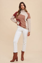 Mocha Combo Turtleneck Multi Pattern Mixed Sweater Top