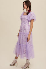 Lavender Floral Lined Smocked Tulle Midi Dress