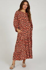 Rust Printed Long Sleeve Tiered Maternity Dress