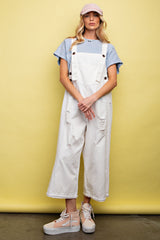 White Side Button Distressed Maternity Overalls