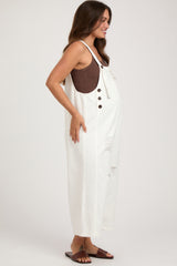 White Side Button Distressed Maternity Overalls