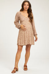 Mocha Floral V-Neck Long Sleeve Maternity Dress