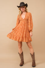 Orange Floral Smocked Long Sleeve Maternity Dress