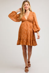 Orange Floral Smocked Long Sleeve Maternity Dress