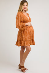 Orange Floral Smocked Long Sleeve Maternity Dress