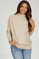 Beige Soft Knit Mock Neck Maternity Sweater