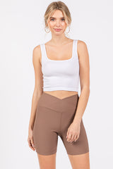 Mocha Ribbed Crisscross Maternity Biker Shorts