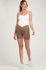 Mocha Ribbed Crisscross Maternity Biker Shorts