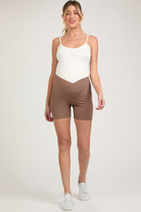 Mocha Ribbed Crisscross Maternity Biker Shorts