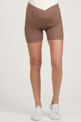 Mocha Ribbed Crisscross Maternity Biker Shorts