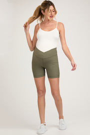 Olive Ribbed Crisscross Maternity Biker Shorts