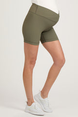 Olive Ribbed Crisscross Maternity Biker Shorts