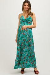 Teal Floral Pleated Ruched Front Maternity Midi Dress