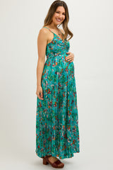 Teal Floral Pleated Ruched Front Maternity Midi Dress