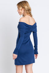 Navy Blue Foldover Off Shoulder Long Sleeve Dress