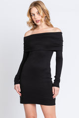 Black Foldover Off Shoulder Long Sleeve Maternity Dress