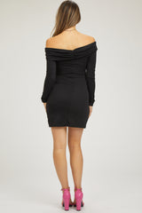 Black Foldover Off Shoulder Long Sleeve Maternity Dress