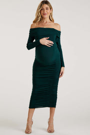 Forest Green Off Shoulder Mesh Ruched Maternity Midi Dress