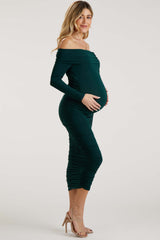 Forest Green Off Shoulder Mesh Ruched Maternity Midi Dress