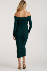 Forest Green Off Shoulder Mesh Ruched Maternity Midi Dress