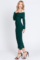 Forest Green Off Shoulder Mesh Ruched Midi Dress