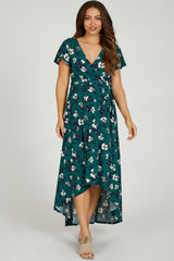 Forest Green Floral Wrap Front V-Neck Hi-Low Maternity Midi Dress