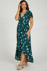 Forest Green Floral Wrap Front V-Neck Hi-Low Maternity Midi Dress