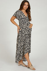 Black Animal Print Wrap Front V-Neck Hi-Low Maternity Midi Dress