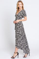 Black Animal Print Wrap Front V-Neck Hi-Low Midi Dress