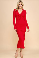 Red Ruffle Ruched Long Sleeve Maxi Dress