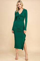 Forest Green Ruffle Ruched Long Sleeve Maxi Dress