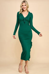 Forest Green Ruffle Ruched Long Sleeve Maxi Dress