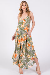 Light Olive Floral Cross Back Midi Dress