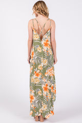 Light Olive Floral Cross Back Midi Dress