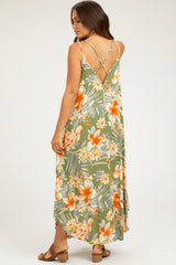 Light Olive Floral Cross Back Maternity Midi Dress