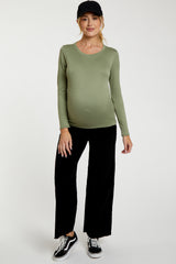 Light Olive Knit Long Sleeve Round Hem Maternity Top