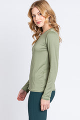 Light Olive Knit Long Sleeve Round Hem Top