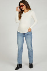 Beige Knit Long Sleeve Round Hem Maternity Top