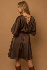 Brown Flowy Sleeve Surplice Back Tie Pleated Dress