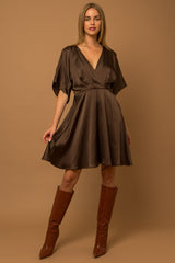 Brown Flowy Sleeve Surplice Back Tie Pleated Dress