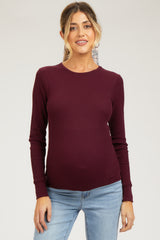 Burgundy Waffle Knit Basic Long Sleeve Maternity Top