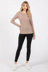 Taupe Waffle Knit Basic Long Sleeve Top