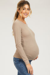 Taupe Waffle Knit Basic Long Sleeve Maternity Top