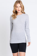 Heather Grey Waffle Knit Basic Long Sleeve Top